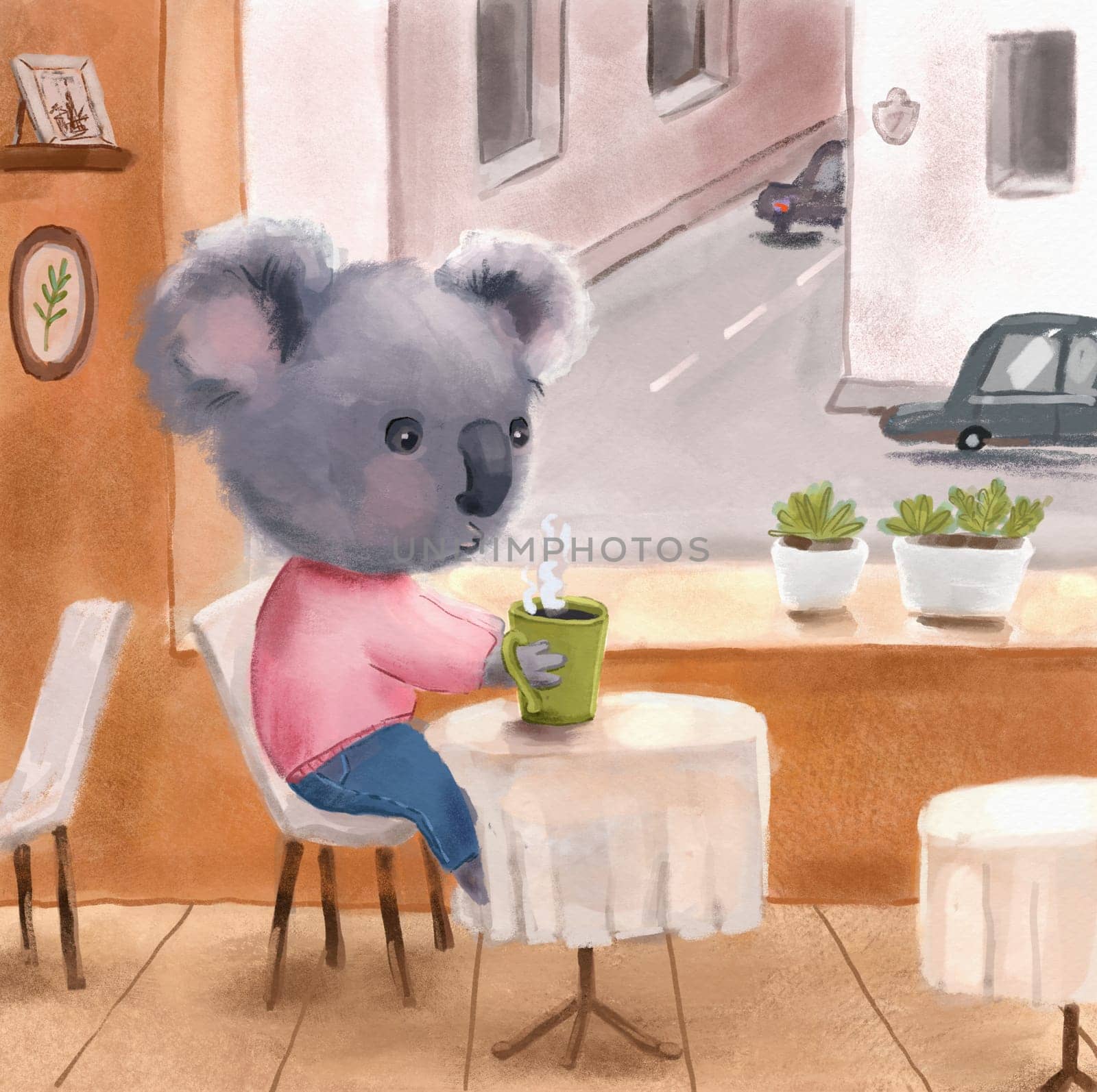 Cute koala character in clothes is sitting at table in cafe and drinking hot coffee. Hand drawn watercolor illustration