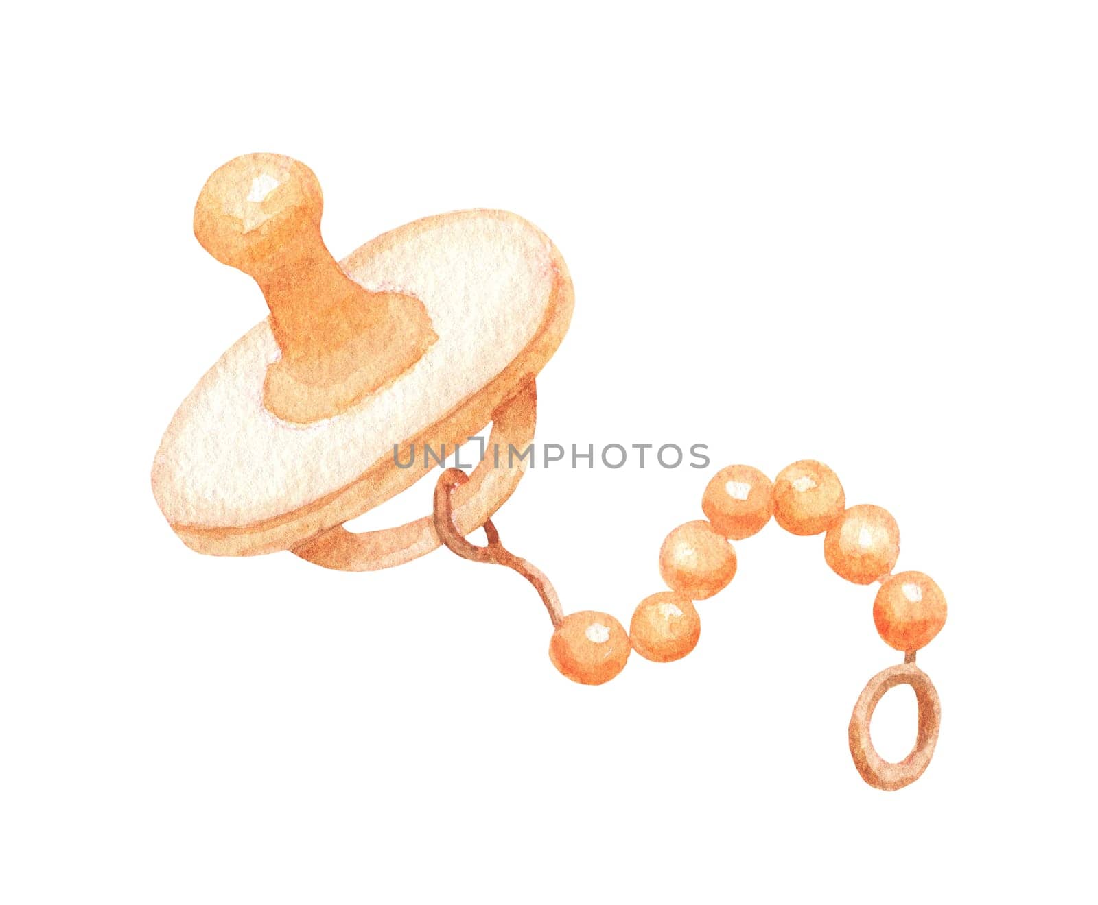 Baby pacifier. Watercolor illustration isolated on white. Nipple with wooden Boho chain. Toy of child. by ElenaPlatova