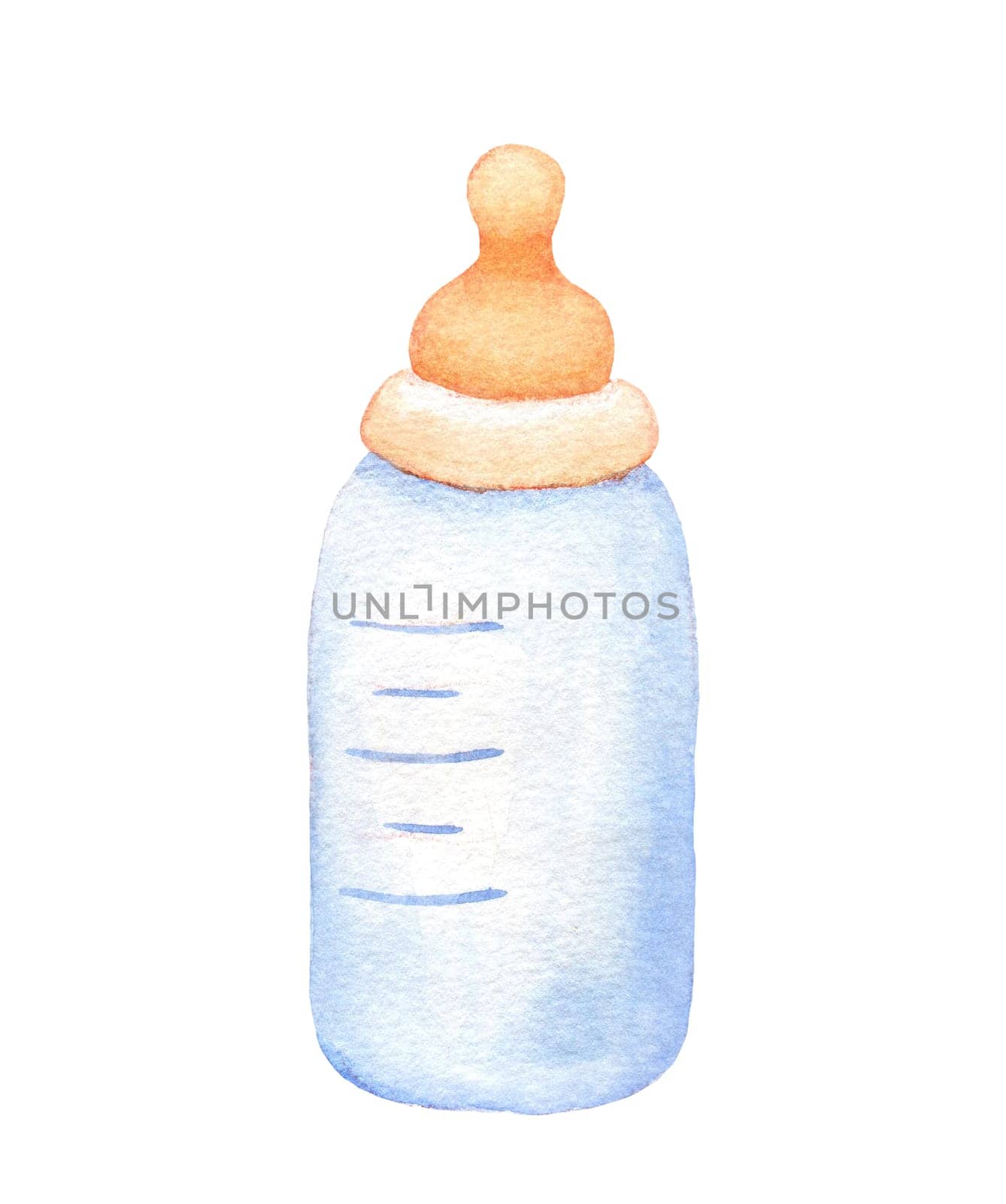 Watercolor baby milk bottle illustration isolated on white. Hand painted sketch