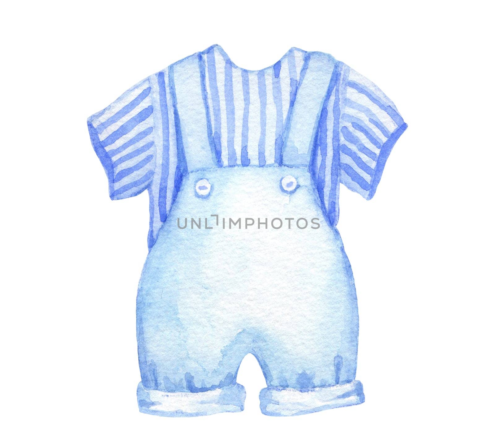Infant blue pants and striped t-shirt illustration. Watercolor sketch Baby clothes isolated on white