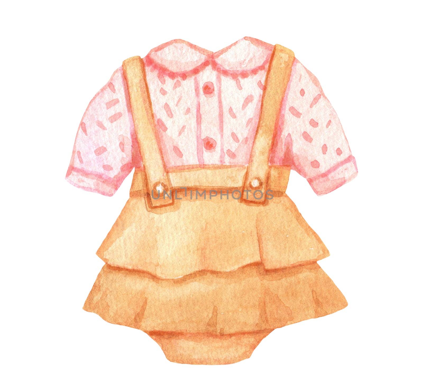 Infant cute dress illustration. Watercolor sketch Baby girl clothes isolated on white by ElenaPlatova