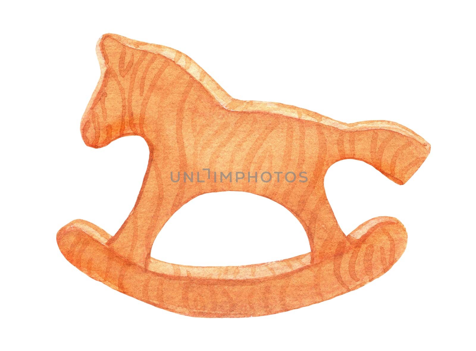 Wooden horse toy. Watercolor hand drawn illustration isolated on white.