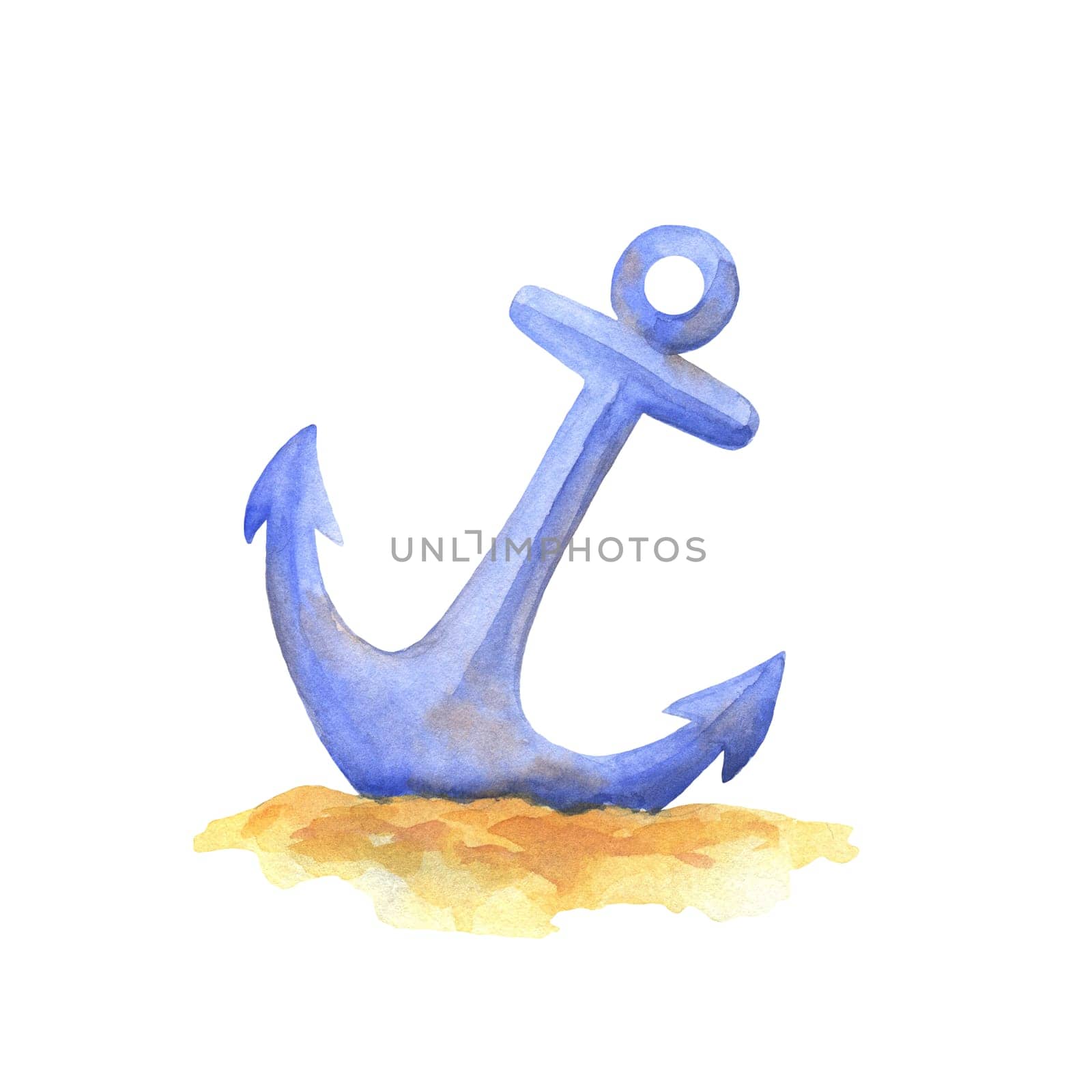 Watercolor vintage classic anchor on sand isolated on white background. Hand drawn marine illustration