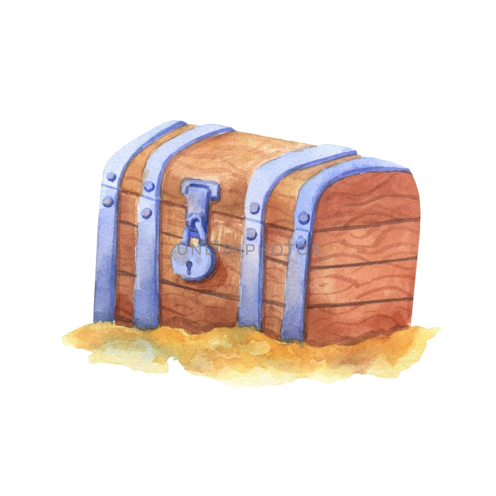 Ancient sunken closed treasure chest on sand. Watercolor illustration isolated on white background