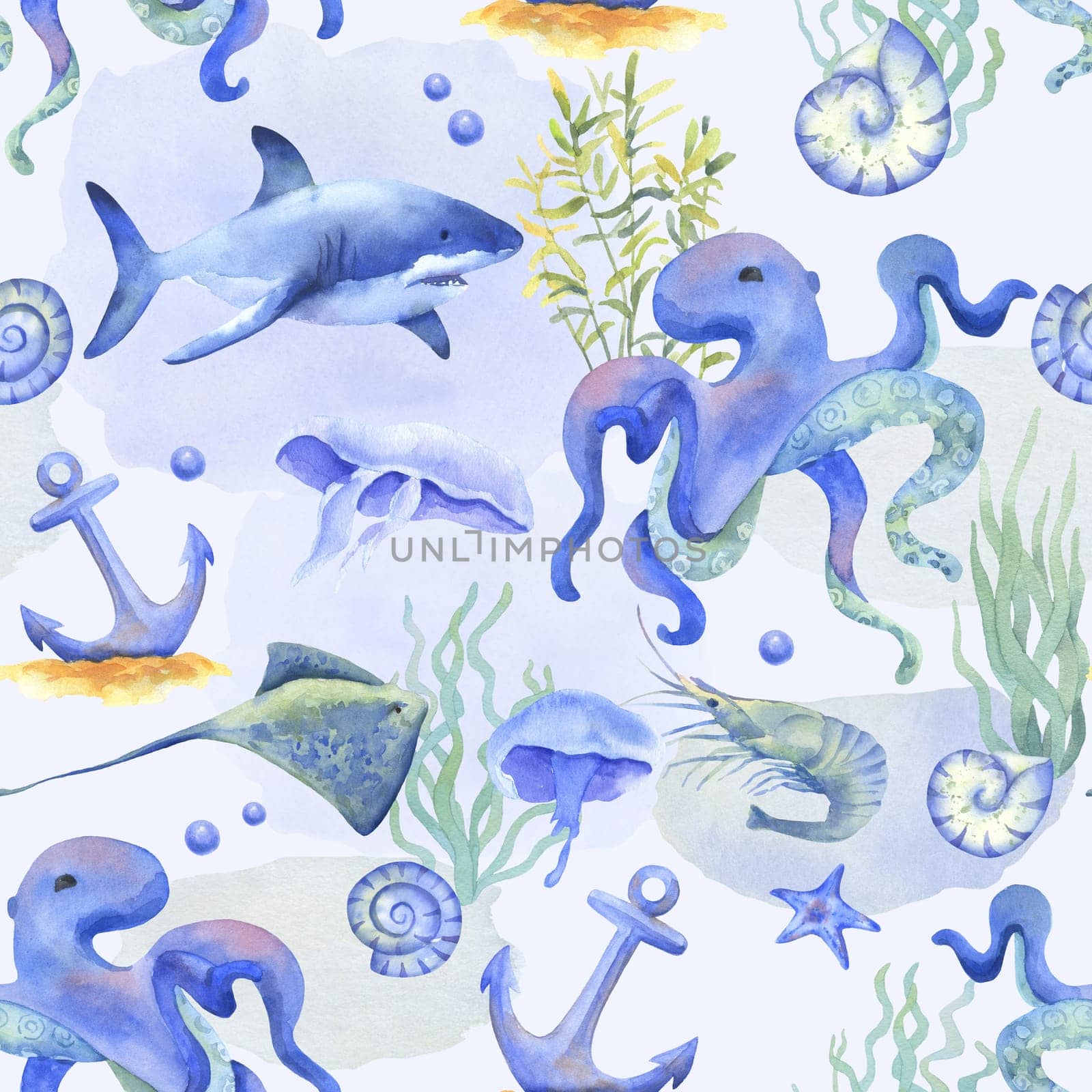 Watercolor anchor, octopus, shark and jellyfish. Seamless pattern on underwater theme. Ocean animals
