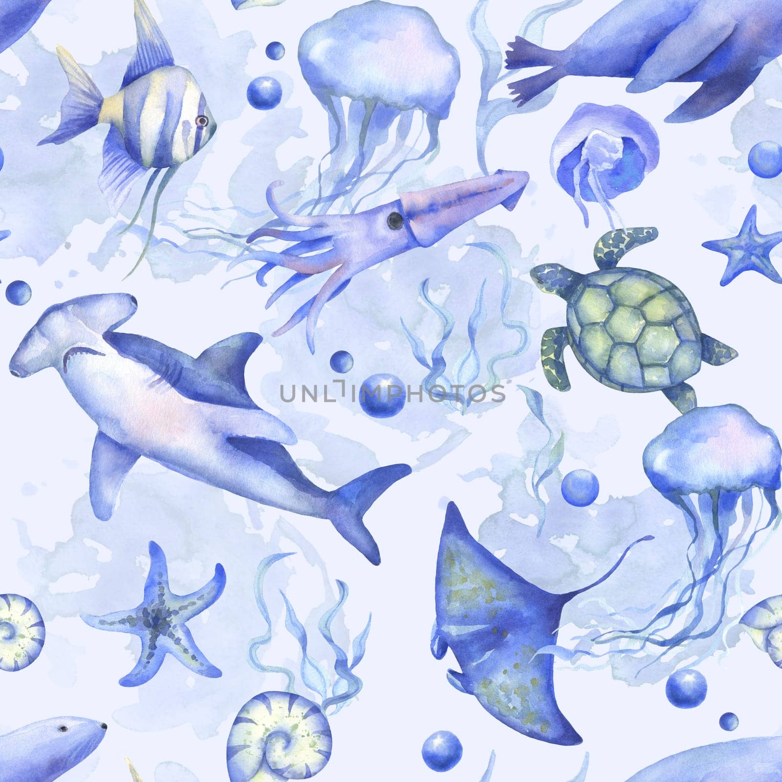 Watercolor shark, squid, turtle and jellyfish. Seamless pattern on the marine underwater theme. Ocean animals by ElenaPlatova