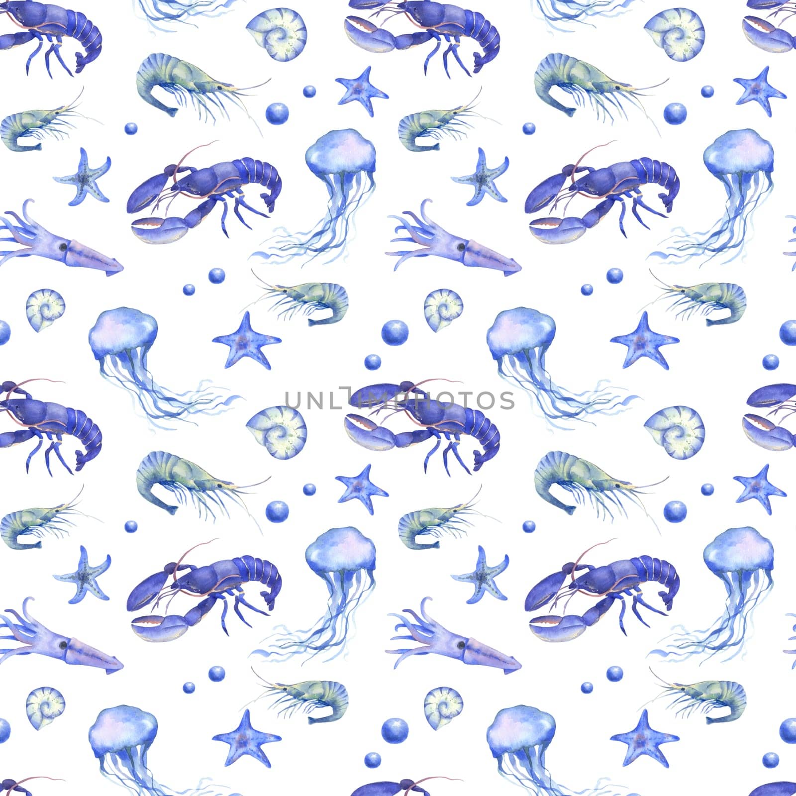 Watercolor seamless pattern with underwater sea animals. Ocean crab, lobster, jellyfish on white background by ElenaPlatova