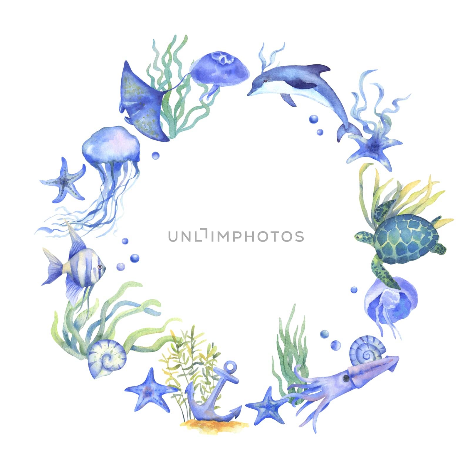 Watercolor jellyfish, dolphin, algae and starfish. Round frame, wreath with marine animals and plants isolated on white. Ocean theme