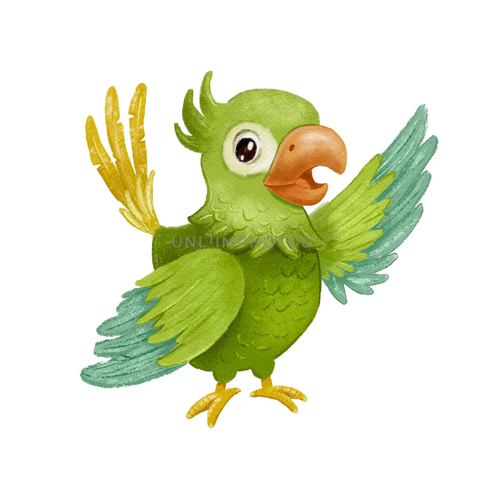 Green parrot bird standing and wave wing. Hand drawn cartoon character isolated on white.