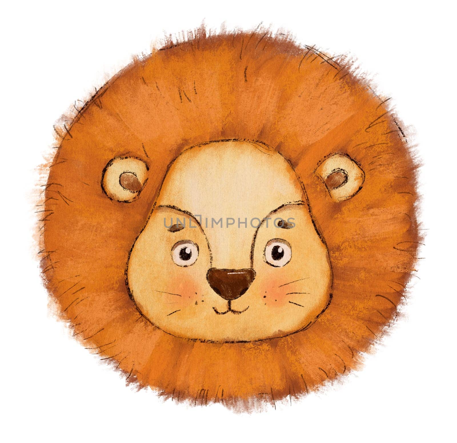 Cute portrait lion head in cartoon style. Drawing african baby wild cat face isolated on white background. Watercolor lion for kids poster and card.