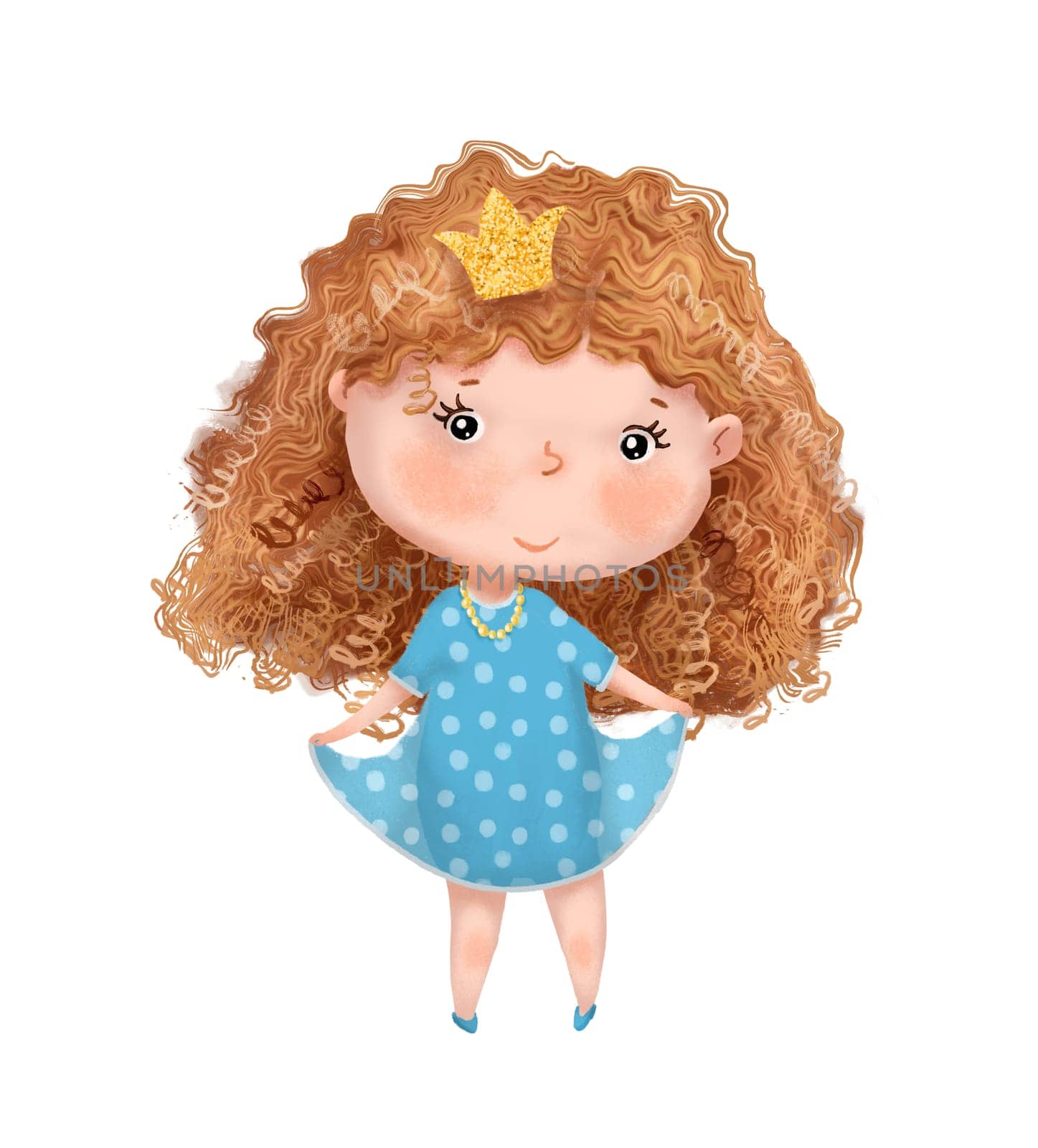 Little cute princess with curly hair, wearing blue dress. Hand drawn Illustration isolated on white background. by ElenaPlatova