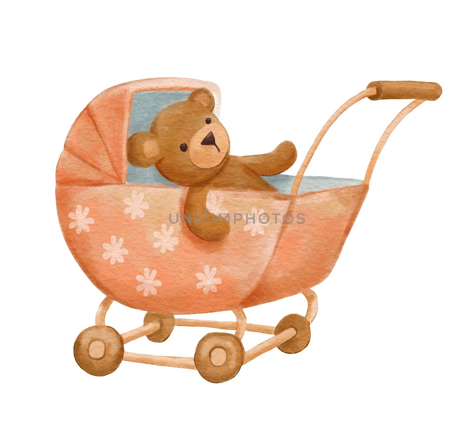 Toy baby stroller and teddy bear isolated on white. Watercolor hand drawn illustration