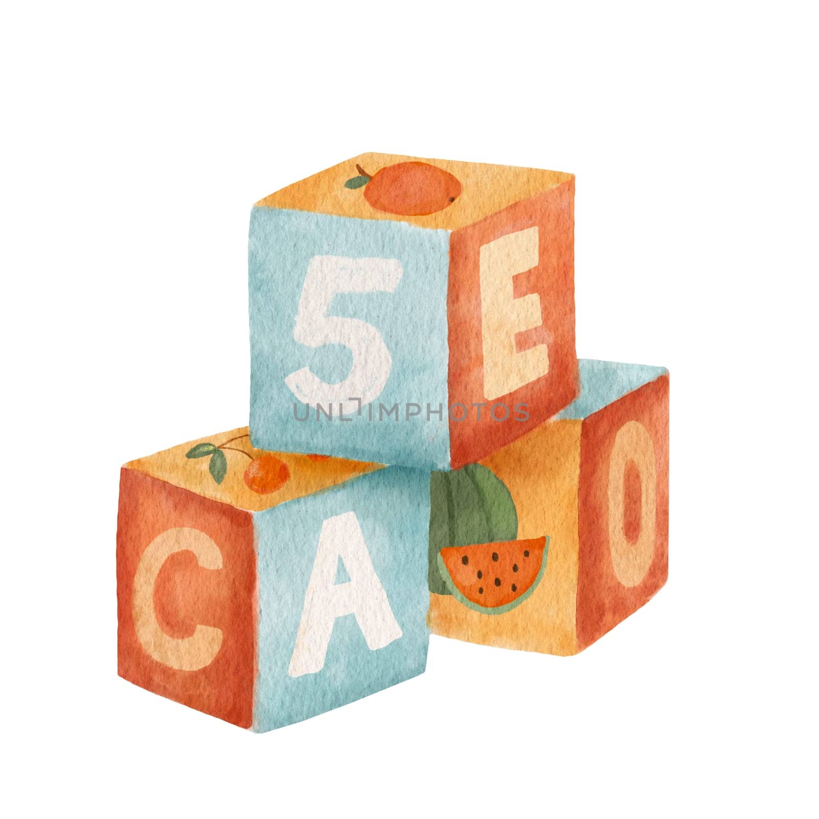 Cute baby toy cubes with letters and numbers clipart. Watercolor illustration isolated on white