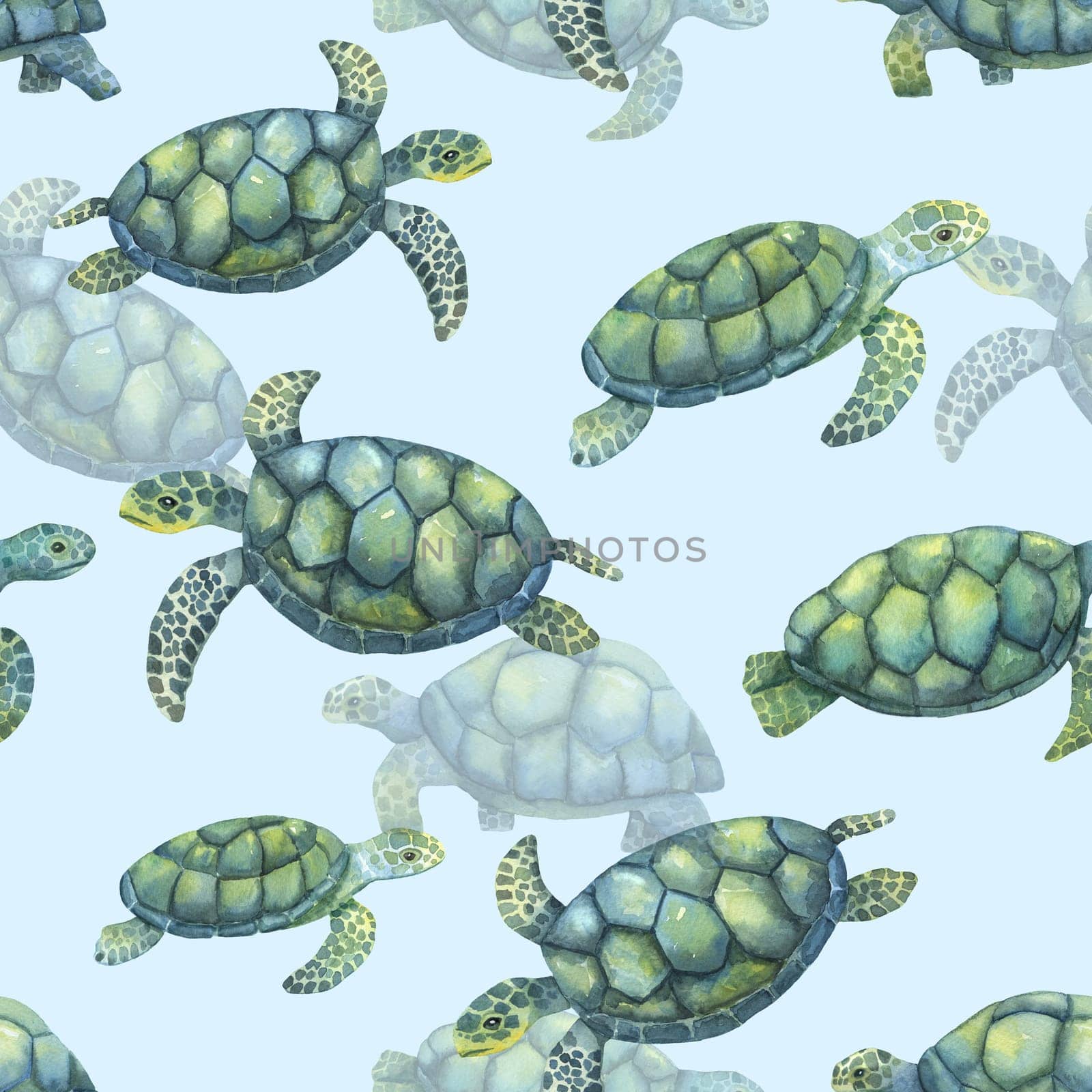 Watercolor seamless pattern with swimming turtles isolated on white background. by ElenaPlatova