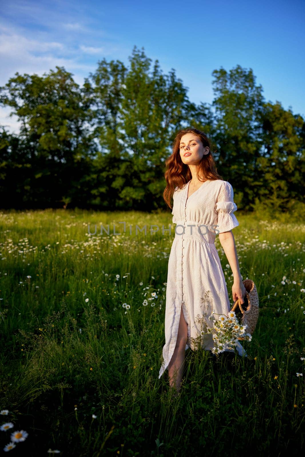 a beautiful woman in a light, light, summer dress is standing in a flowering meadow in the sunset light. High quality photo