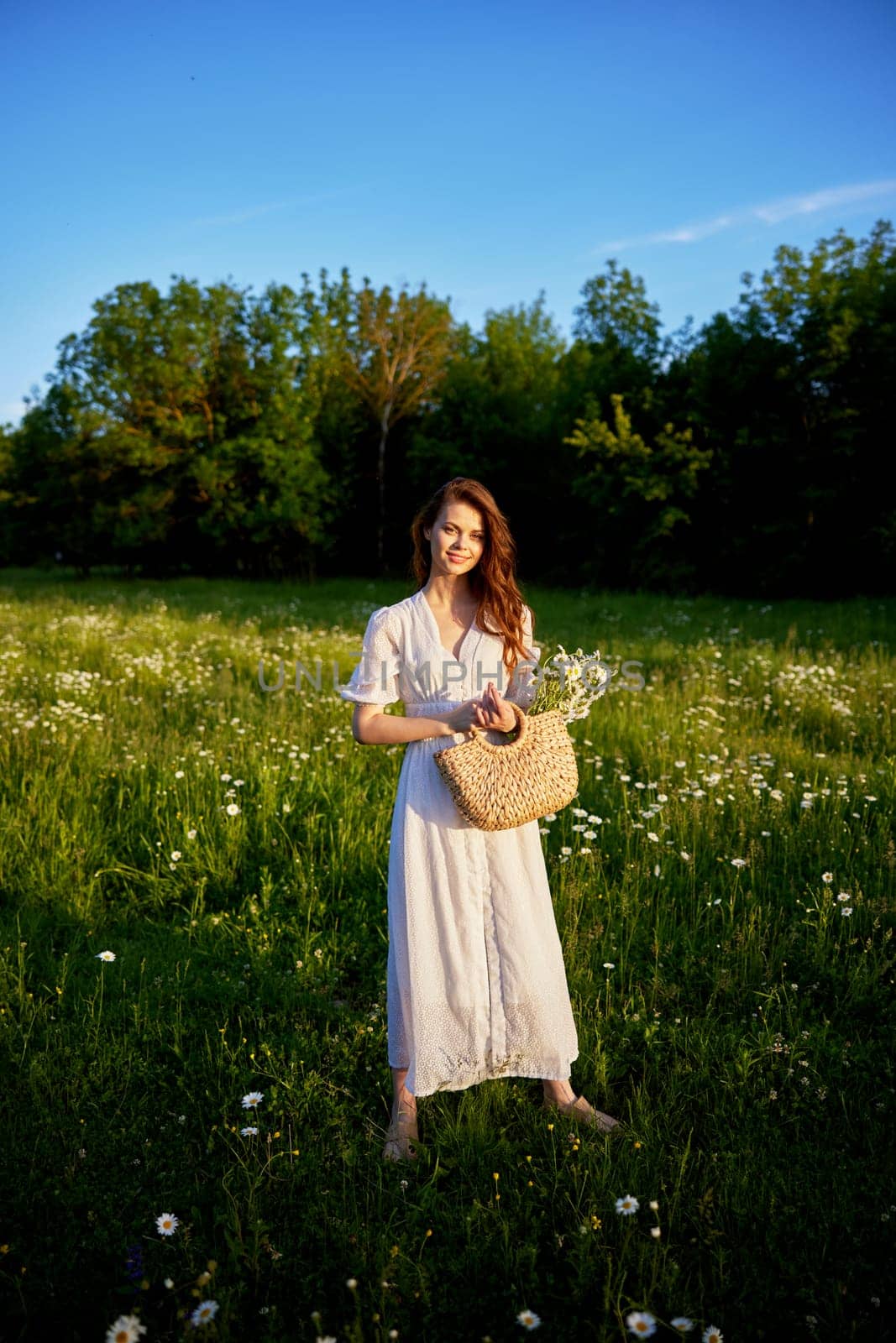 a beautiful woman in a light, light, summer dress is standing in a flowering meadow in the sunset light by Vichizh