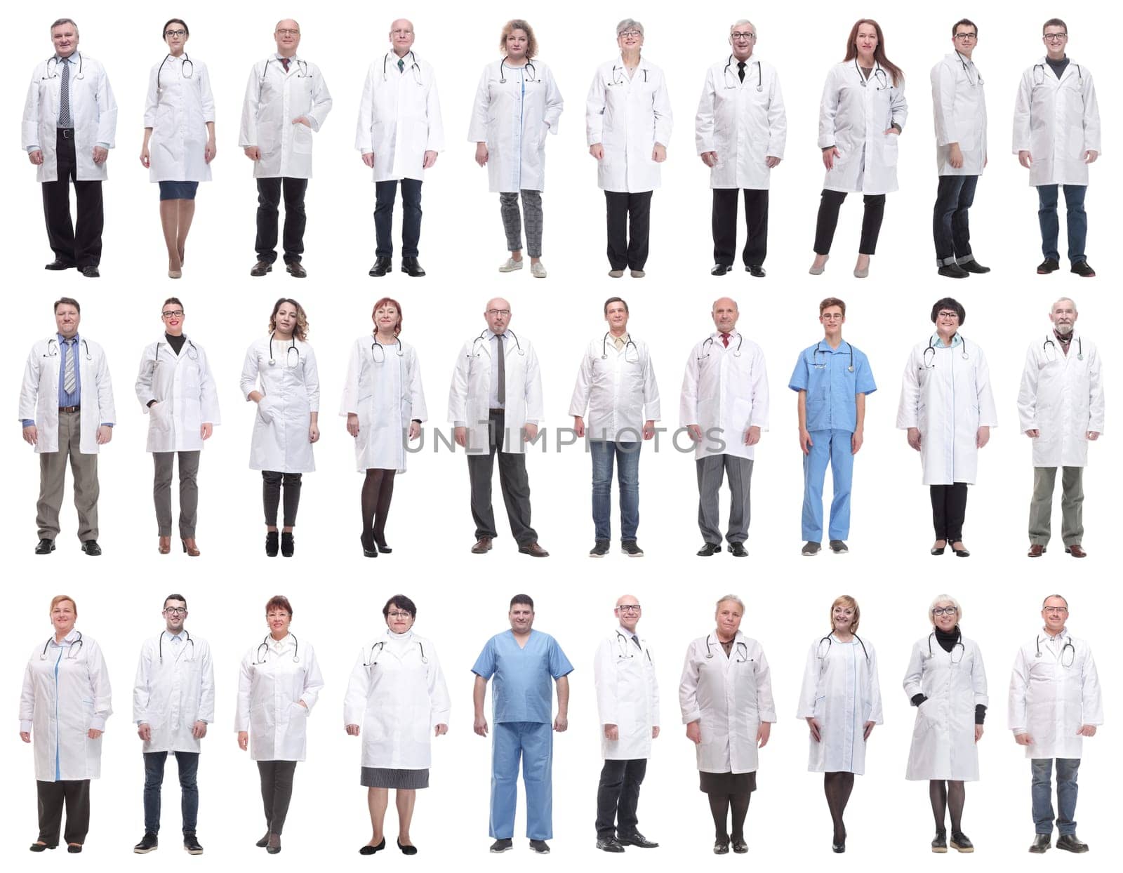 group of doctors in full length isolated on white background