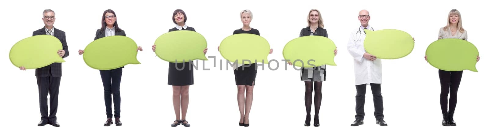 group of successful business people with comments isolated on white background