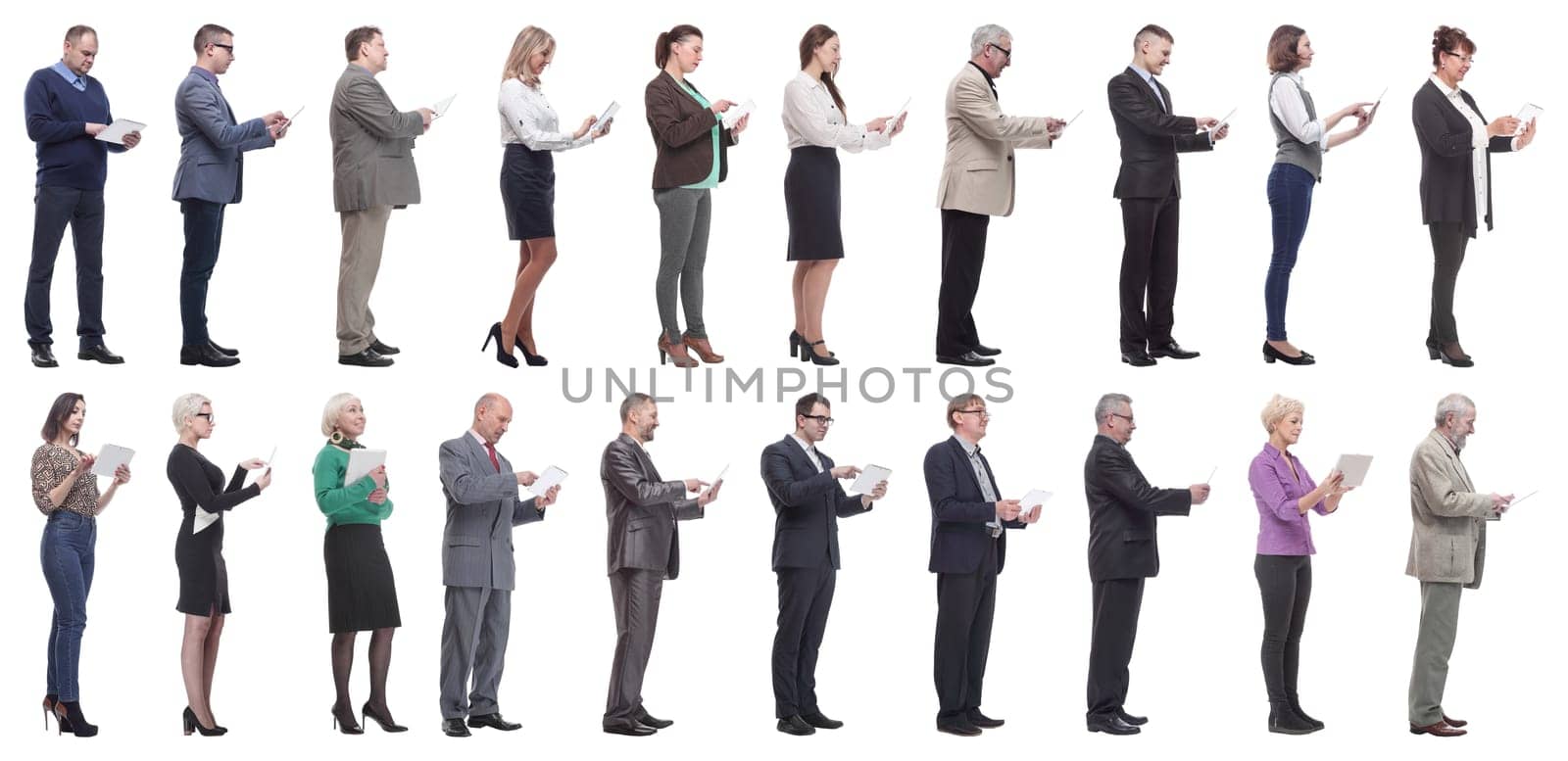 group of people holding tablet and looking ahead isolated on white background