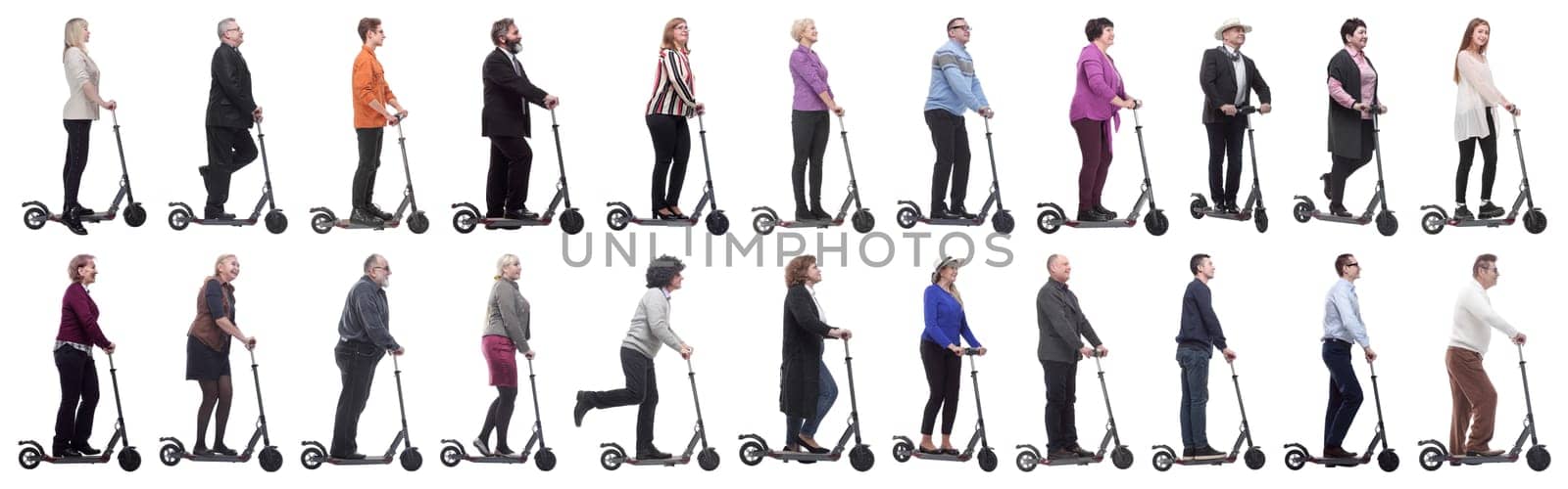group of successful people on scooter isolated on white background