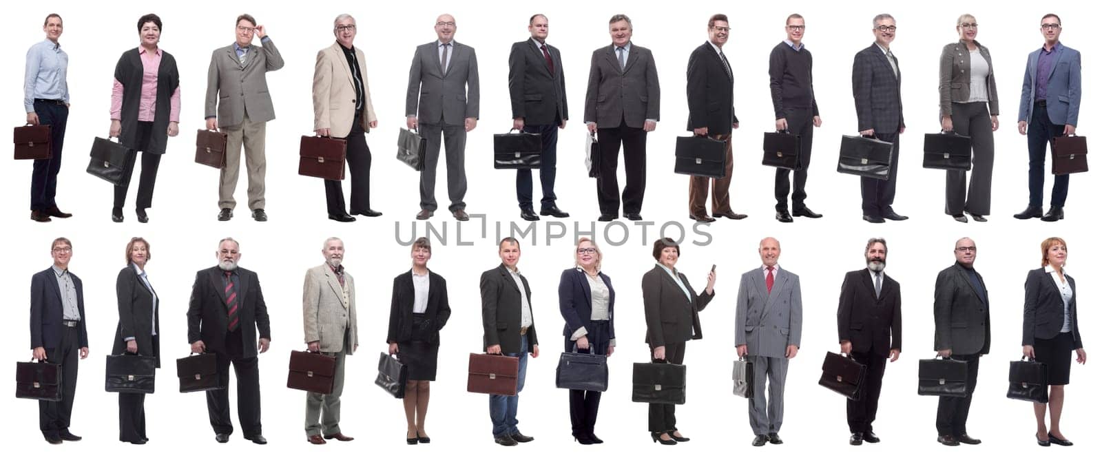 collage, group of businessmen with briefcase isolated on white background