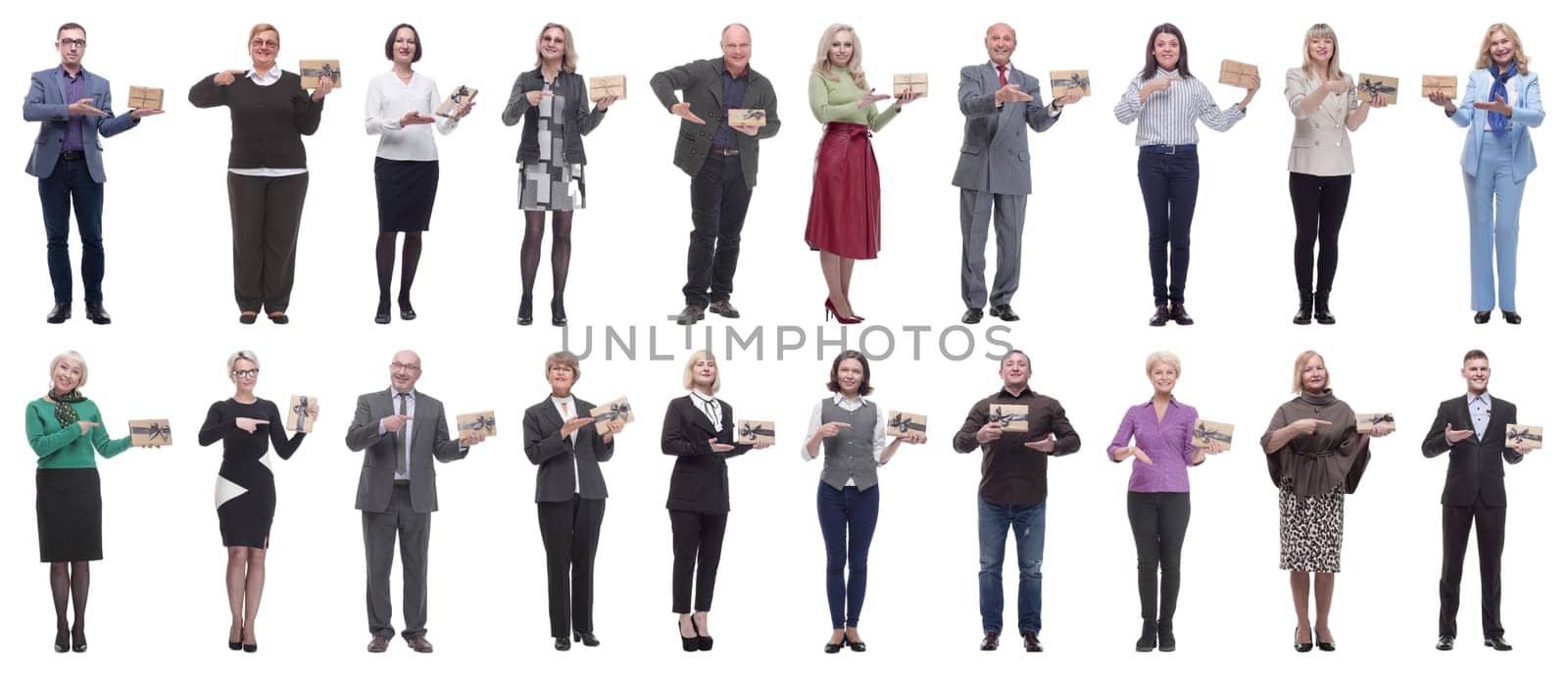 group of happy people with gifts in their hands isolated on white background