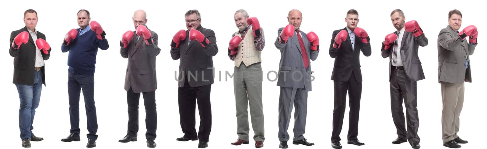 collage of businessmen in boxing gloves isolated on white background