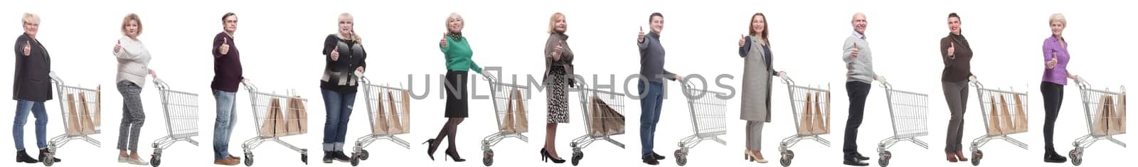 a group of people in profile with a basket showing thumbs up on a white background