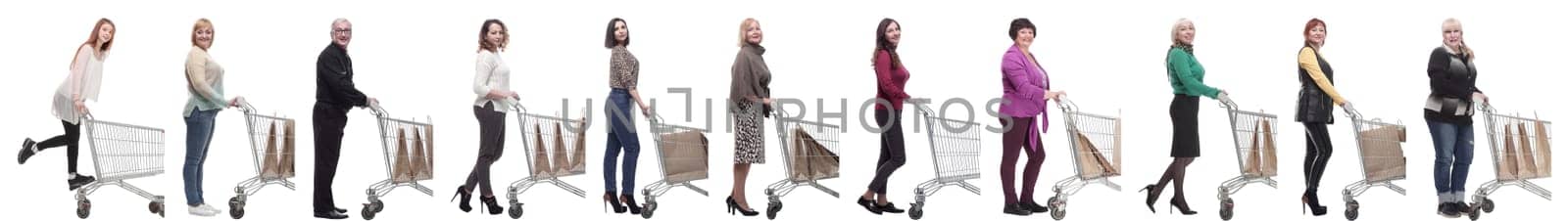 group of people with cart looking at camera isolated on white background