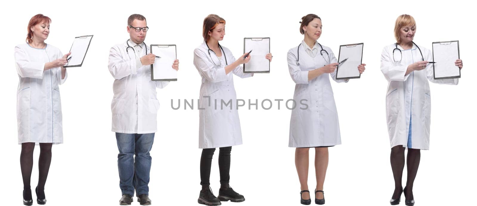 full length group of doctors with notepad isolated on white background