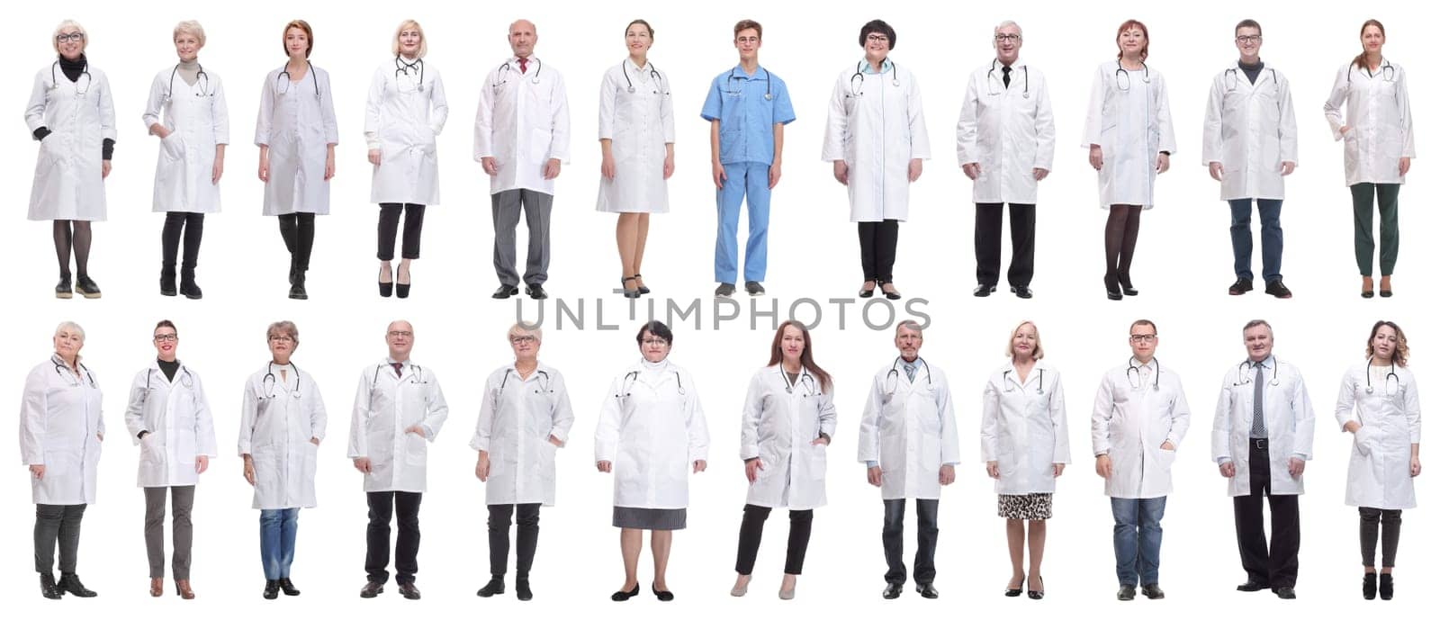 group of doctors in full length isolated on white background