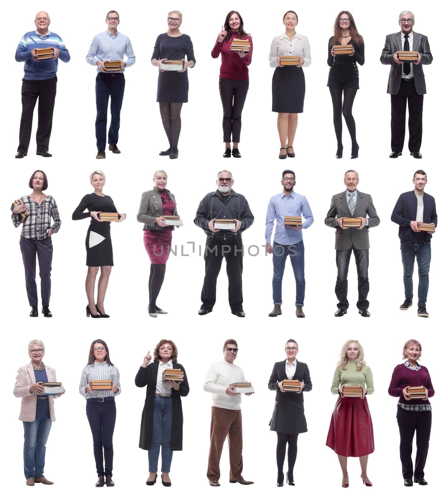 group of people holding books in hands isolated on white background