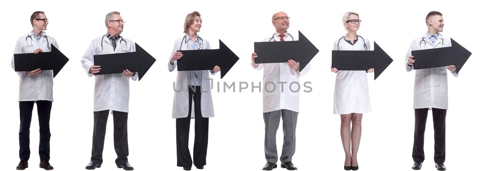 group of successful business people with black arrow isolated on white background