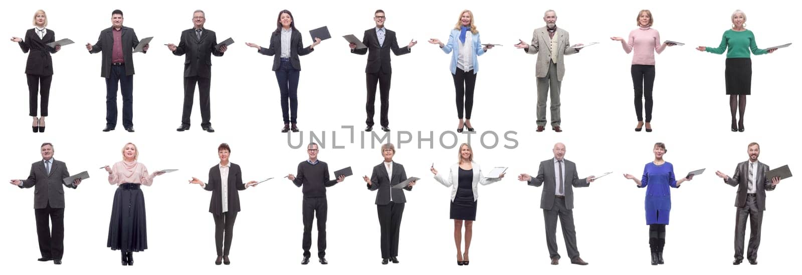 group of successful people with notepad in hands isolated by asdf