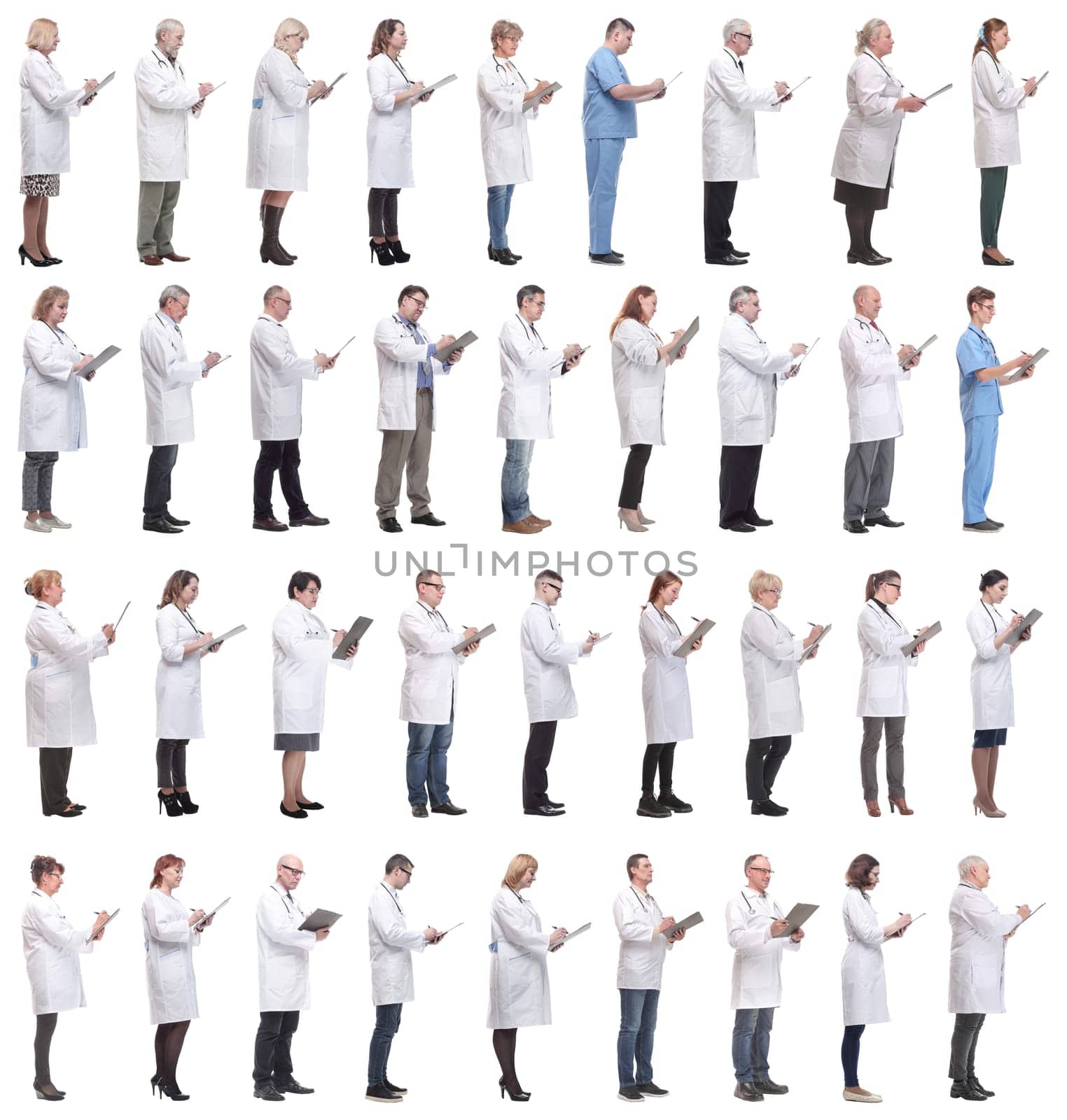 full length group of doctors with notepad isolated on white background