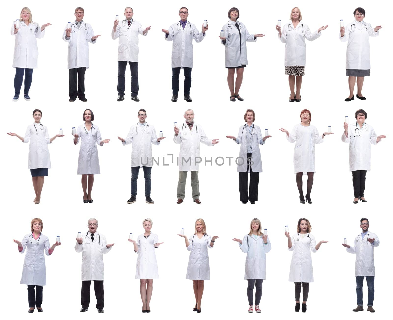 group of doctors holding jar isolated on white background