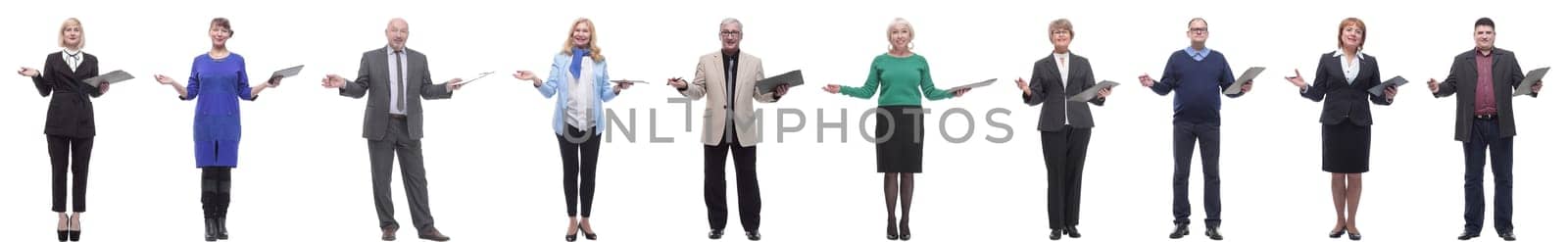 group of successful people with notepad in hands isolated by asdf