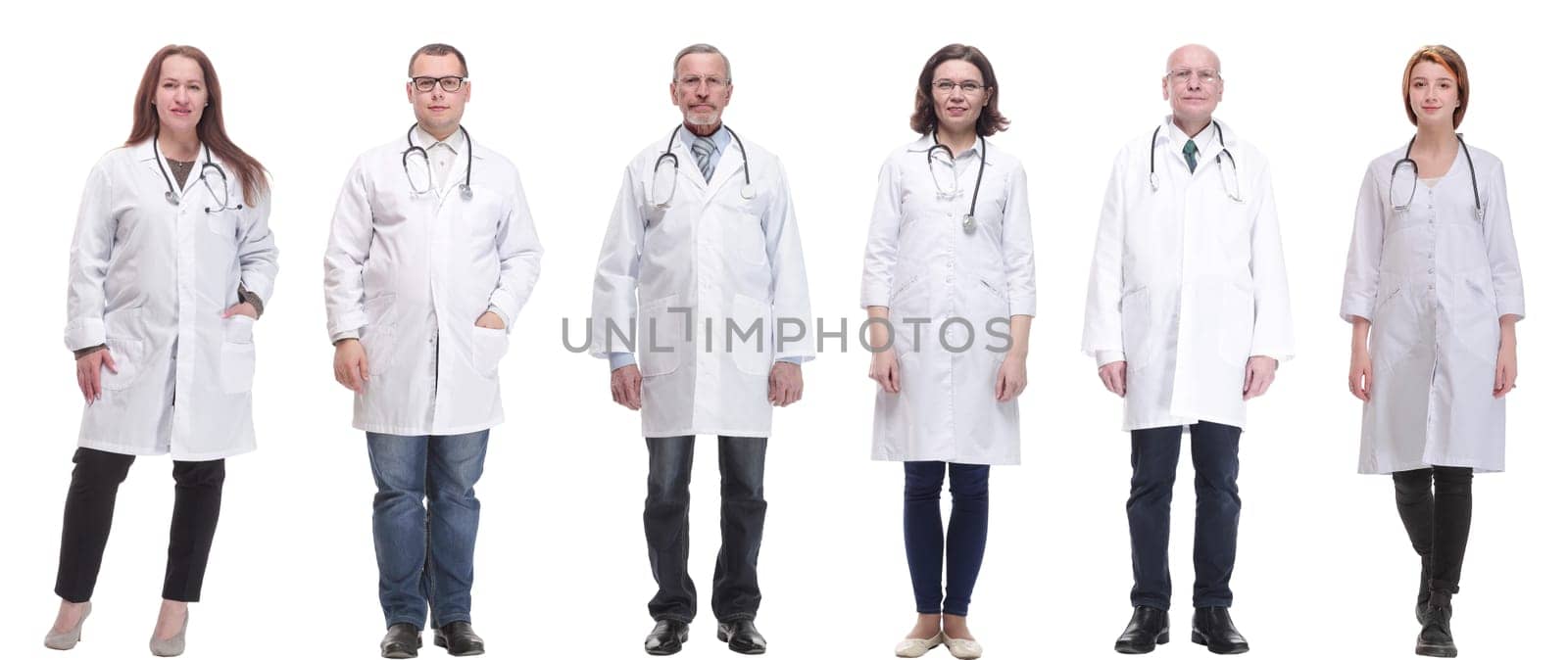 group of doctors in full length isolated on white background