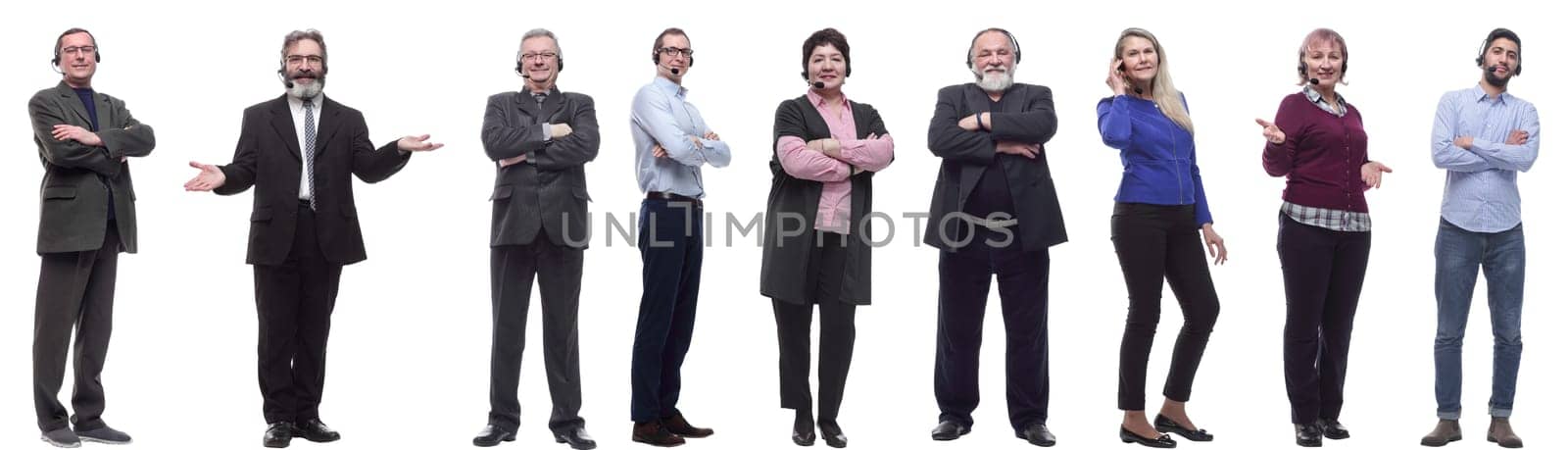 group of business people with microphone isolated on white background