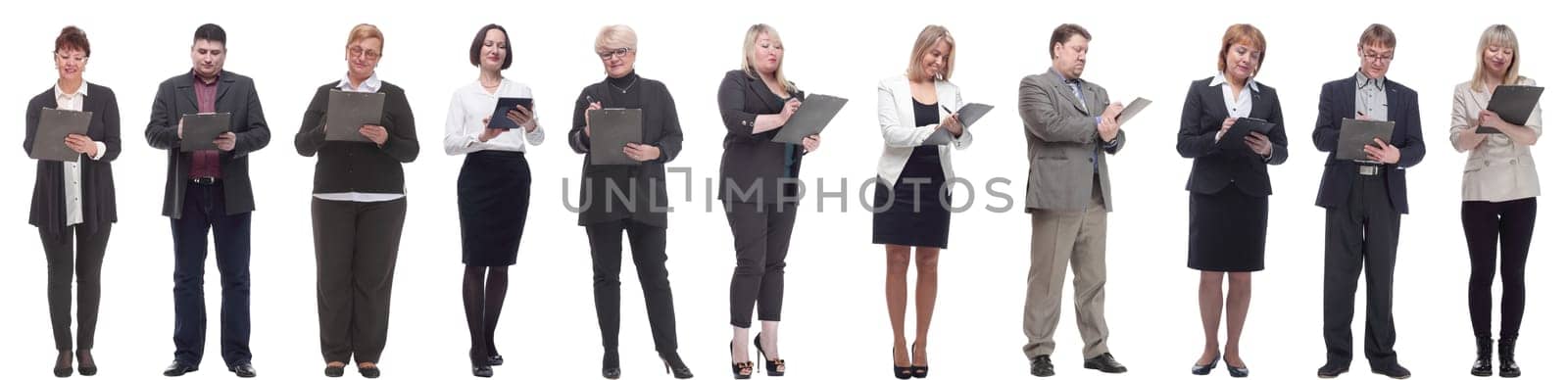 group of successful people with notepad in hands isolated on white background