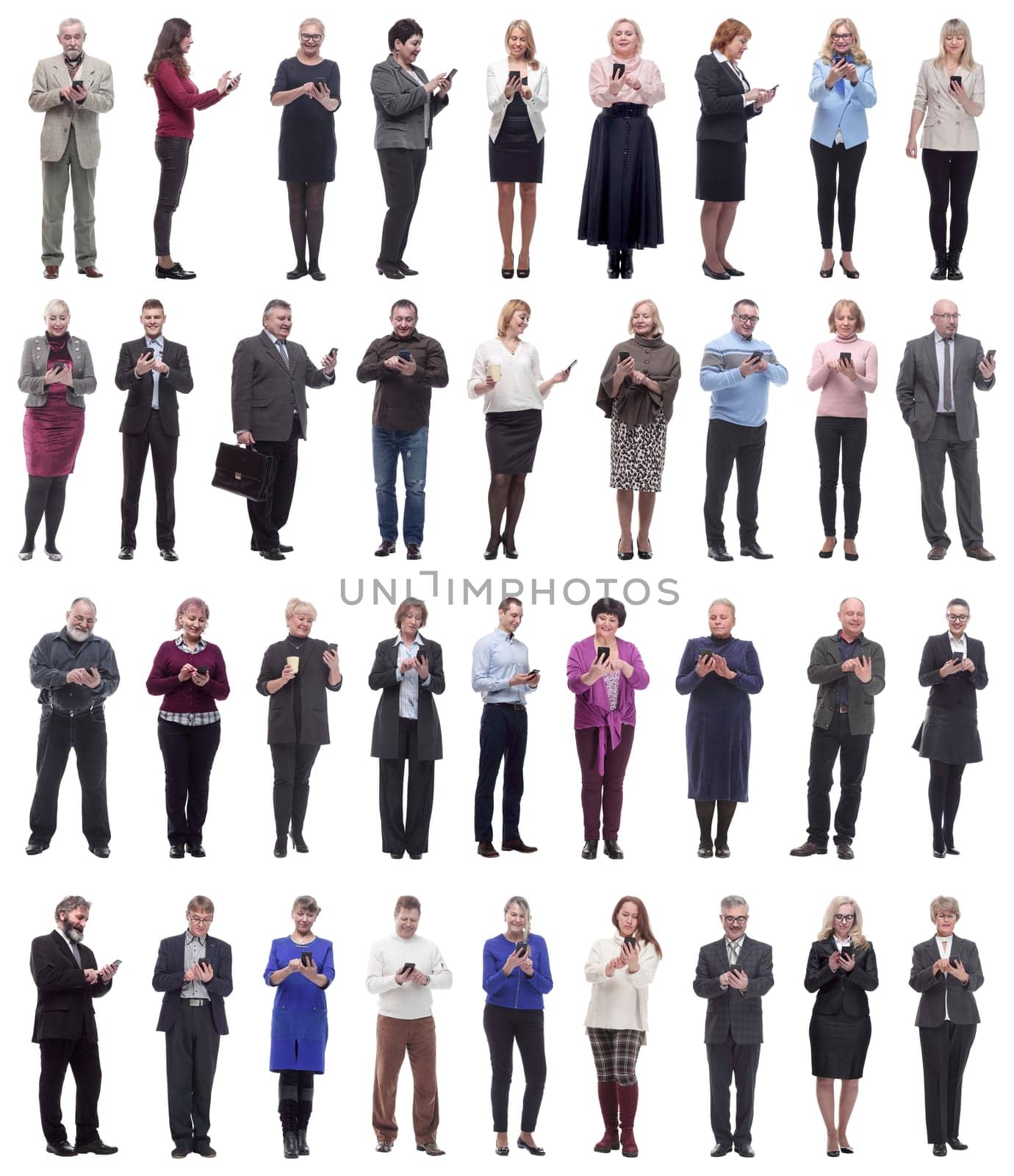 a group of people hold a phone in their hand and look into the phone isolated on a white background