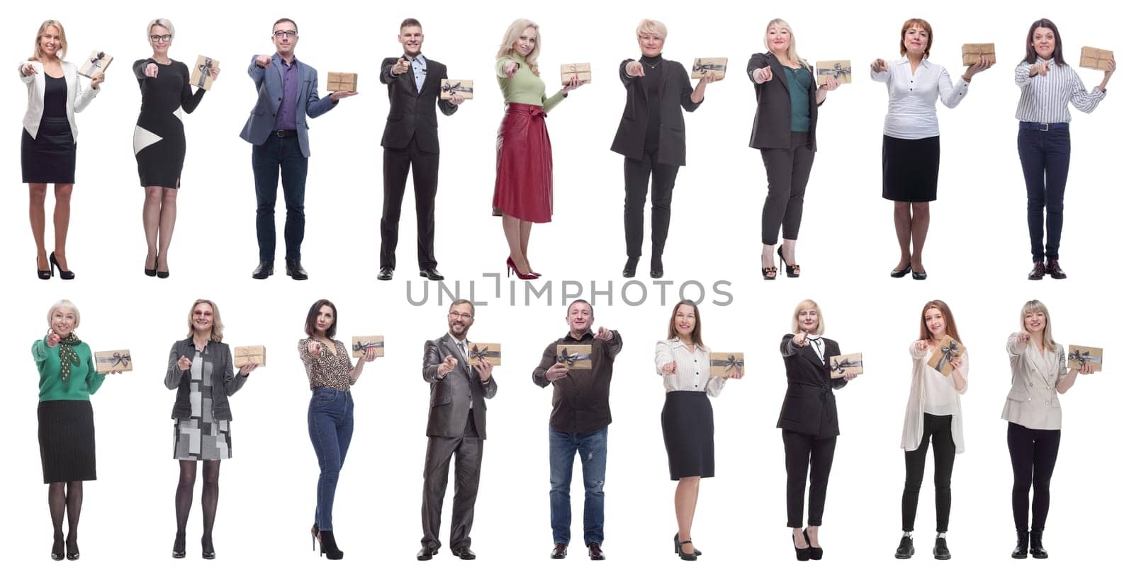 group of happy people with gifts in their hands isolated on white background