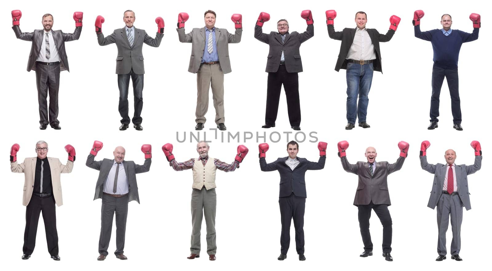 collage of businessmen in boxing gloves isolated on white background