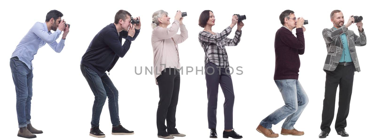 collage of group of photographers in profile isolated on white background