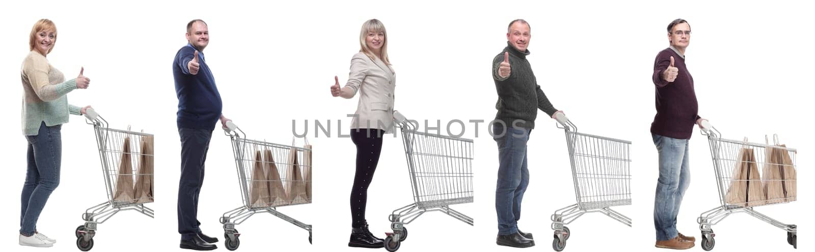 a group of people in profile with a basket showing thumbs up on a white background