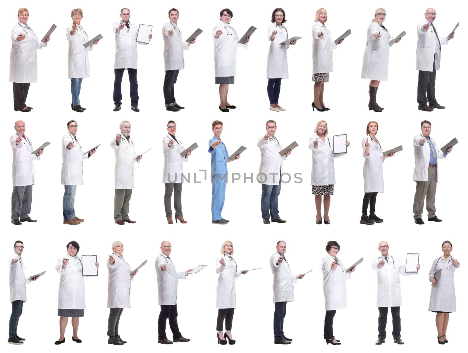 full length group of doctors with notepad isolated on white background