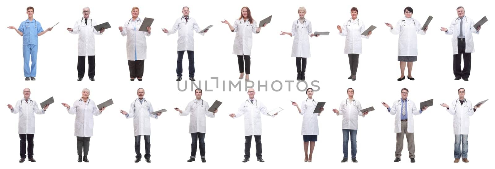 full length group of doctors with notepad isolated on white background