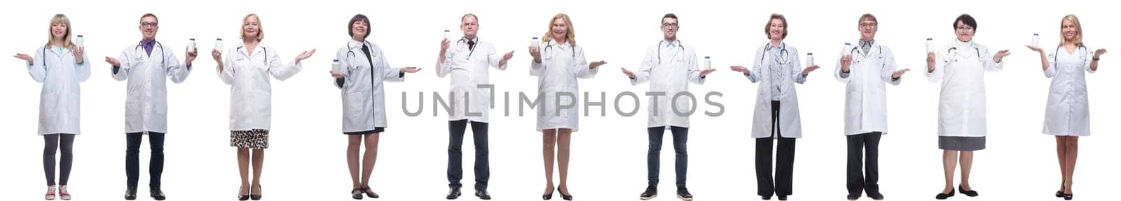 group of doctors holding jar isolated on white background