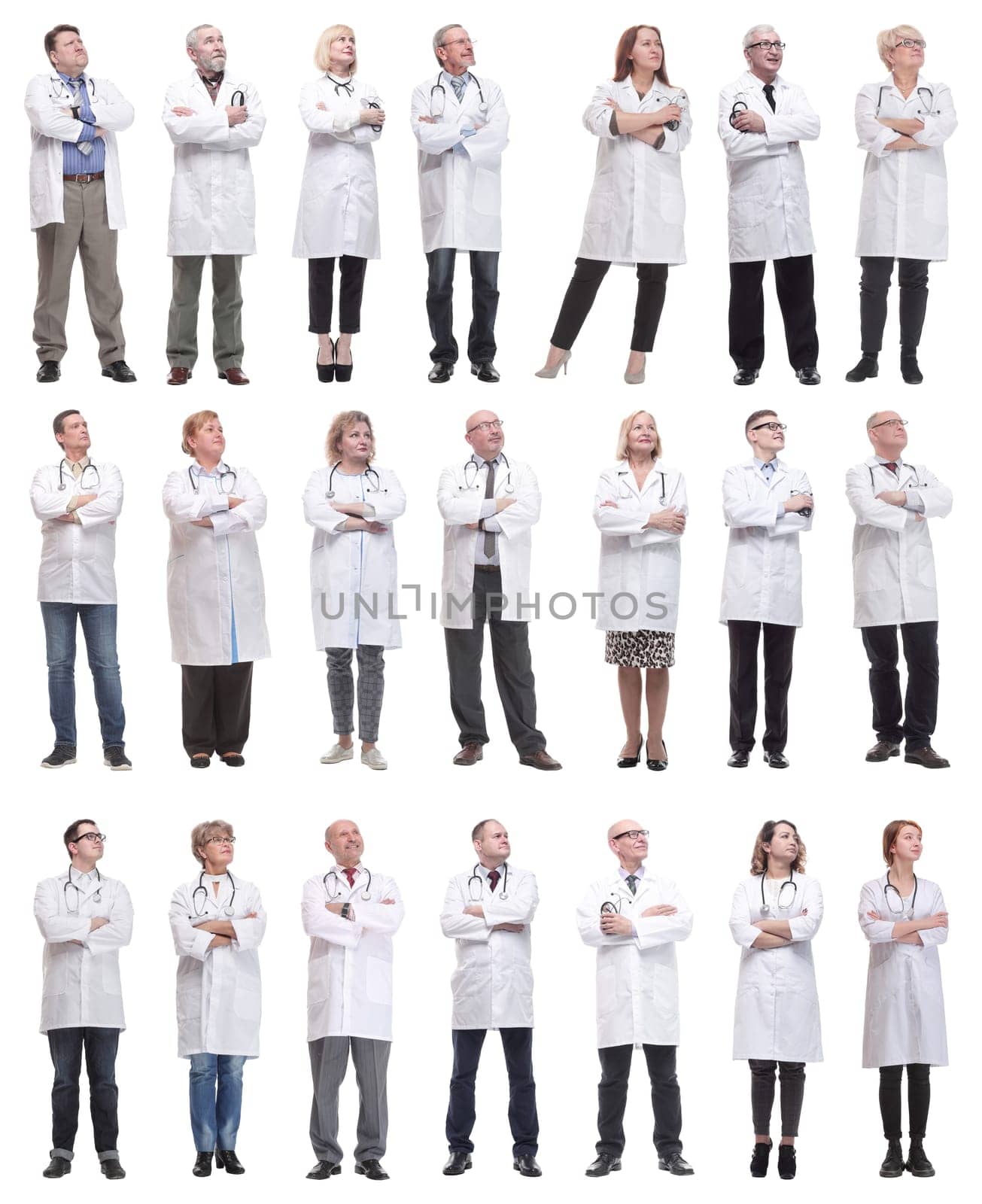 group of doctors standing in full length isolated on white background