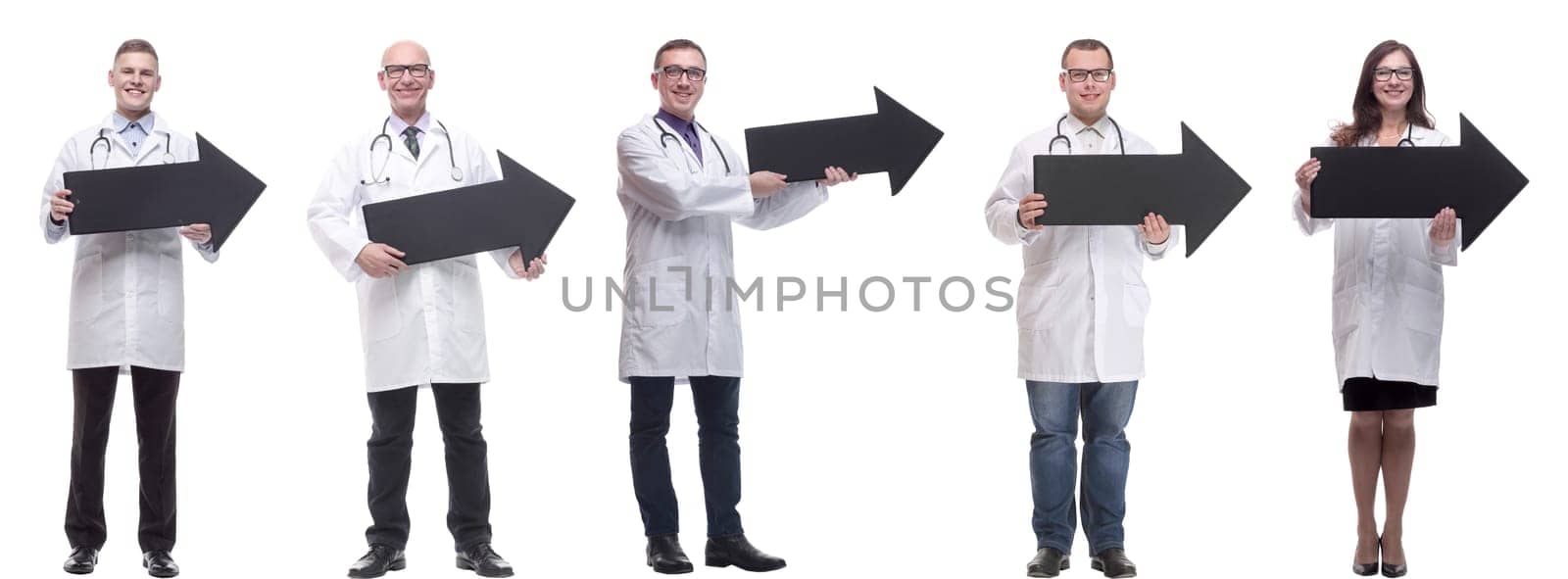 group of successful business people with black arrow isolated on white background